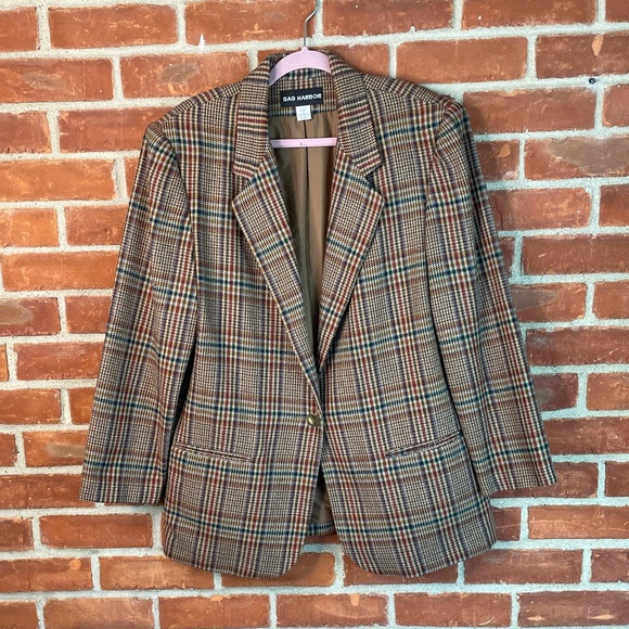 Vintage 90’s wool oversized tan plaid blazer - Picture 2 of 6
